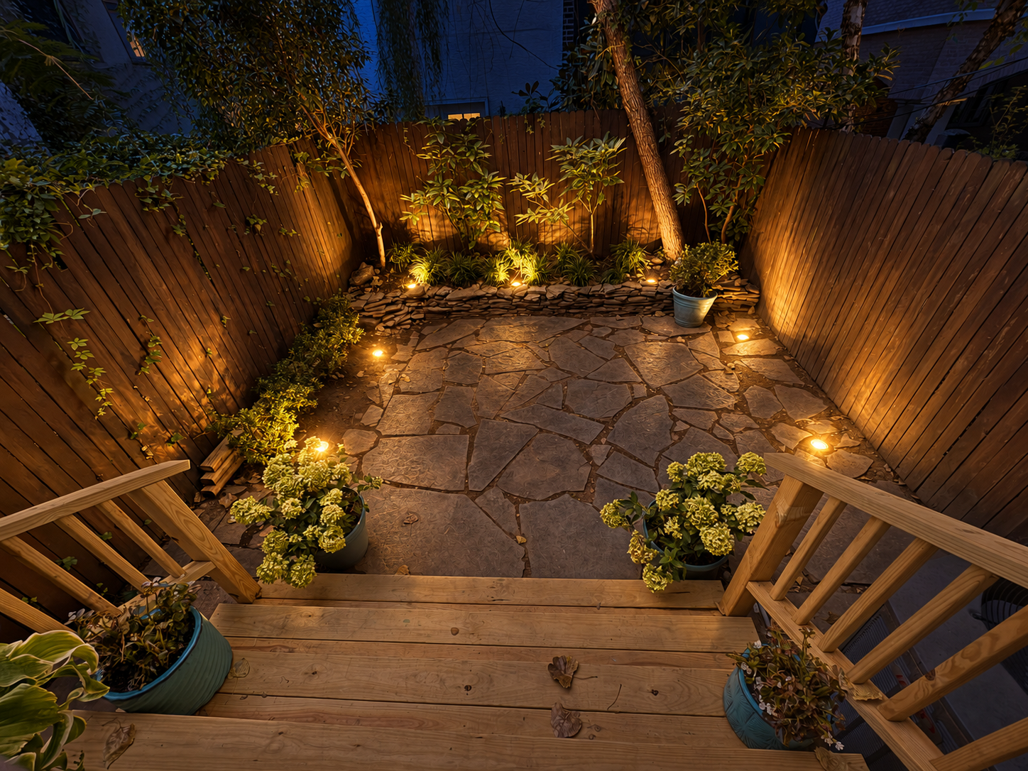 Queen Village backyard at night with warm ground lighting illuminating the stone patio, planting, and fence